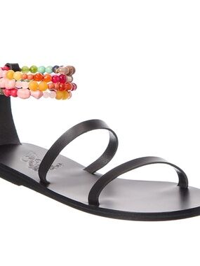 Beaded Ankle-Strap Black Leather Sandals